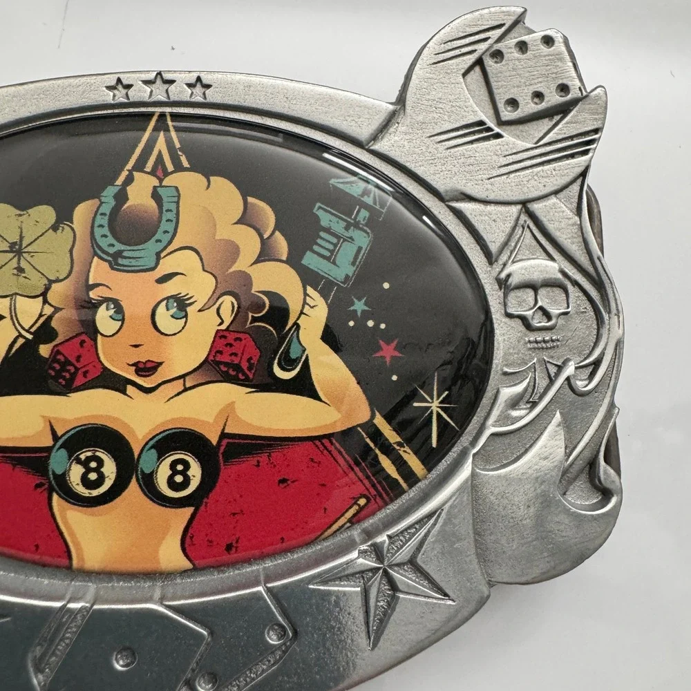 D. Vicente Pin Up Girl Lucky Horseshoe Dice 8 Ball Belt‎ Buckle Made in Mexico